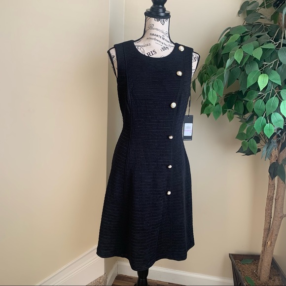 Karl Lagerfeld Pearl Button Textured A-Line Dress Black Sz 6 - Picture 2 of 16